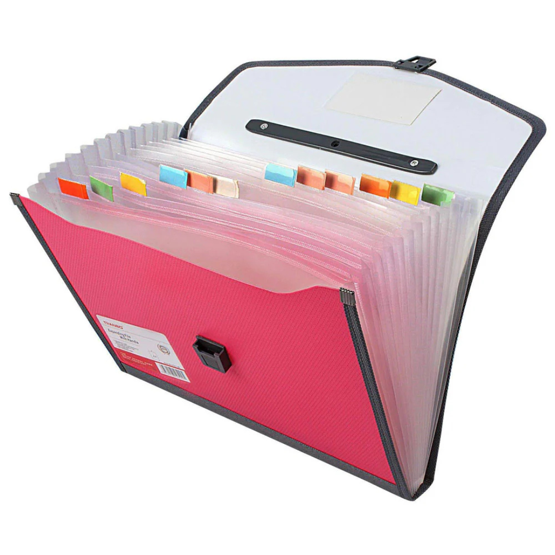 Tranbo Plastic Expanding Bag File Folder With 13 Section Pockets - Pink